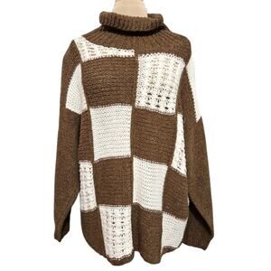 Jillanova Wool Color Block Chunky Knit Turtleneck Tunic Patchwork Sweater Large